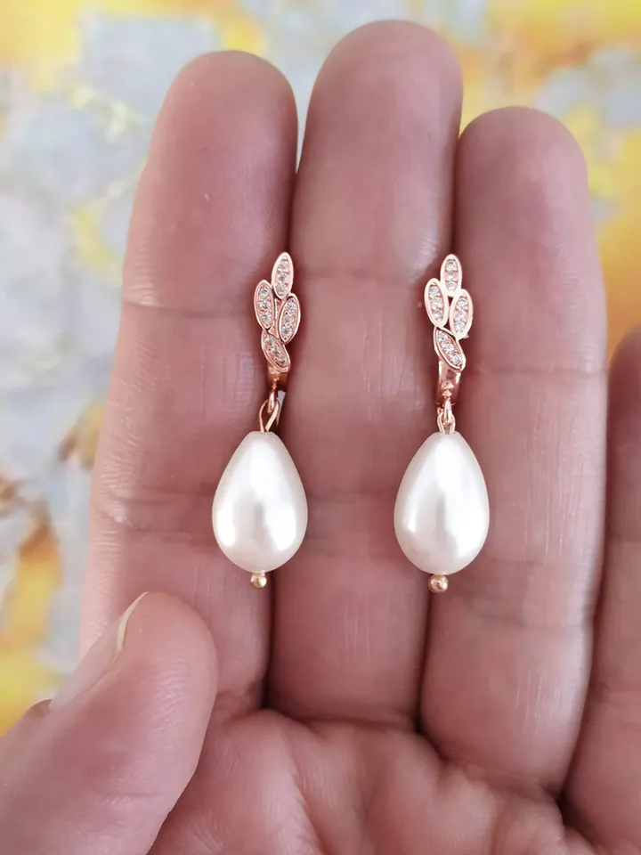 Pearl Rose Gold Boho Wedding Earrings, CZ Boho Bridal Earrings, Statement Wedding Jewelry, Pearl Wedding Jewelry, Gold Teardrop Earrings