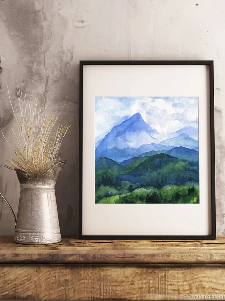 Watercolor poster with mountains, Watercolor digital file, Printable, Art poster, Blue-green landscape, Art print