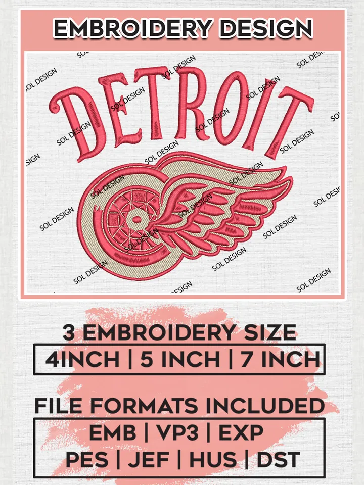NHL Detroit Hockey Team Logo Embroidery Design, NHL Detroit Red Wings Logo Embroidery Files, Hockey Team Machine Embroidery, Machine Embroidery Design