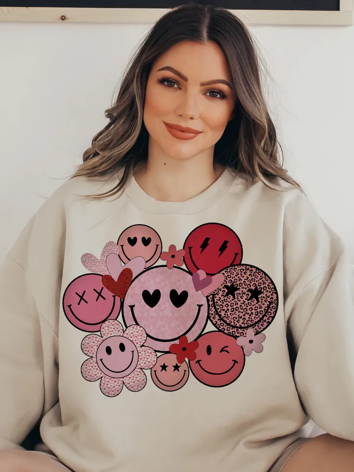 Valentines Smiley Faces PNG Sublimation Design | Valentines Day Love Smile Cowboy Hearts Roses Digital Download Tshirt Design