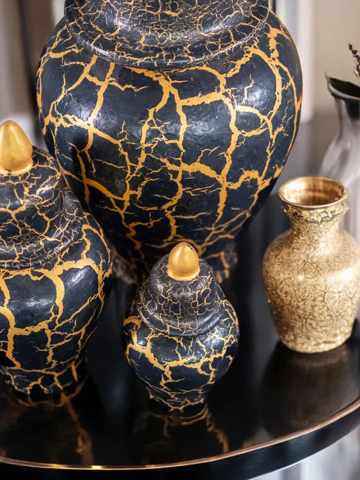 Set of 3 Black and Gold Jars with Crackle Finish – 3 Sizes, Decorative Jar Set in Black and Gold with Crackle Design