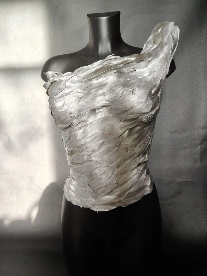 silver corset with feathers, cuirass, feather plate