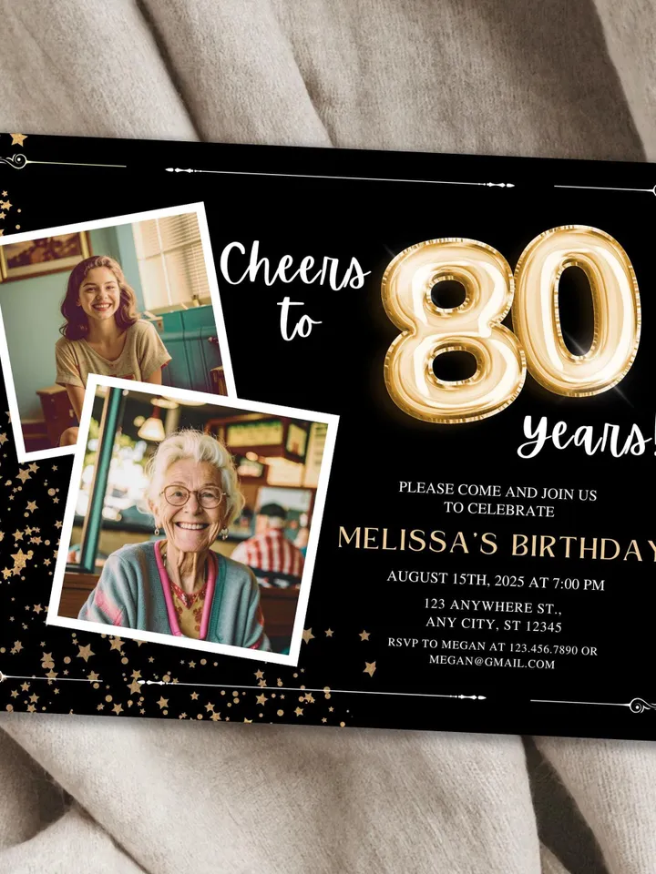 80th Birthday Invitation with Photo Adult Women's Cheers to 80th Birthday Invite Black and Gold Party Card for Grandma Canva Template