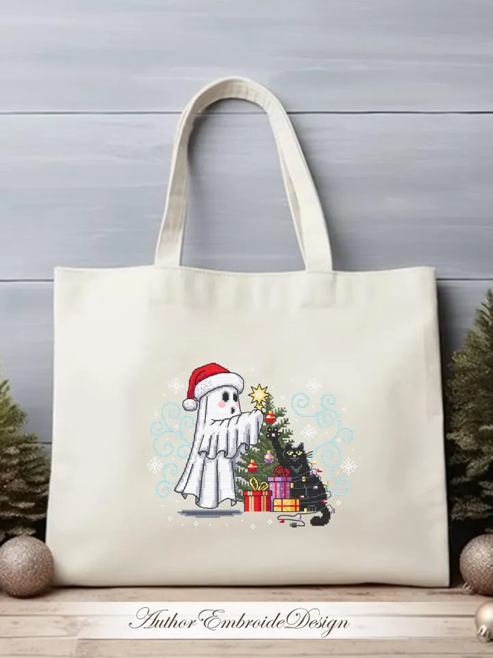 Christmas ghost with black cat cross stitch pattern PDF download Cute ghost cross stitch chart, Christmas pattern digital PDF #N147