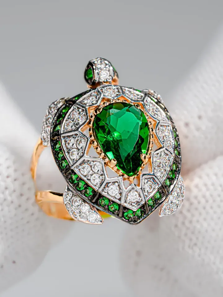 Ring Silver gold plated 925 assay value with green cubic zirconia
