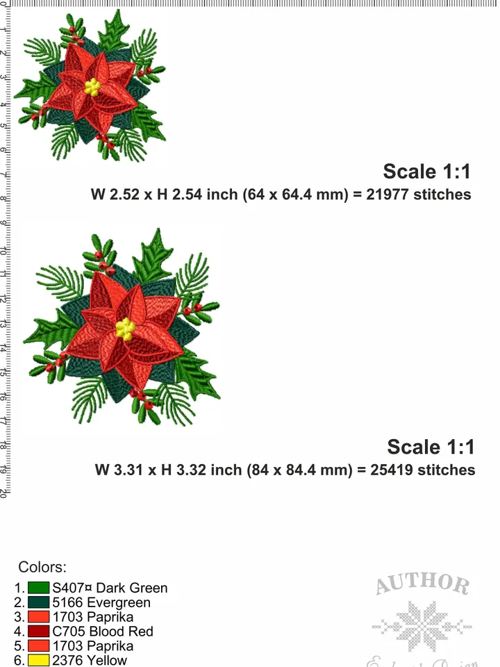 Christmas Poinsettia embroidery design Machine embroidery pattern 7 sizes, Christmas embroidery file, Red flower Poinsettia pattern #R3