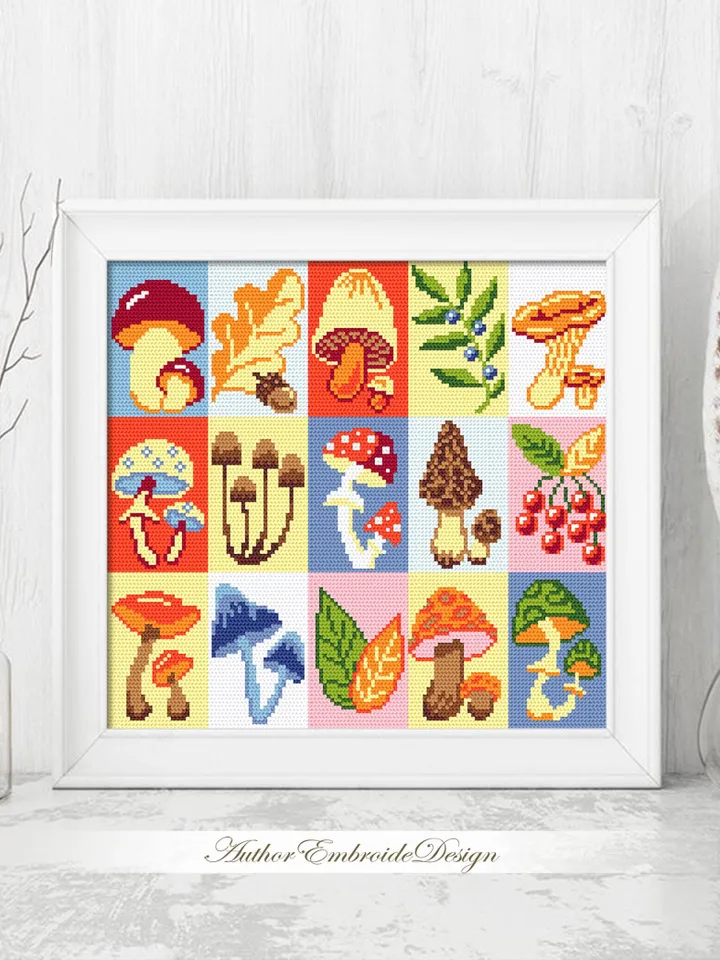 Mushroom cross stitch pattern PDF download Fall cross stitch chart, Scandinavian folk sampler patchwork, Mushroom pattern digital PDF #L57