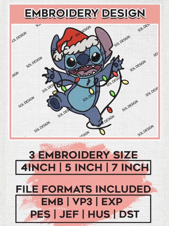 Disney Stitch Santa With Christmas Light Embroidery Design Files, Disney Christmas Machine Embroidery, Disneyland Family Holiday, 3 sizes, Cute Christmas Machine embroidery designs, Digital Download