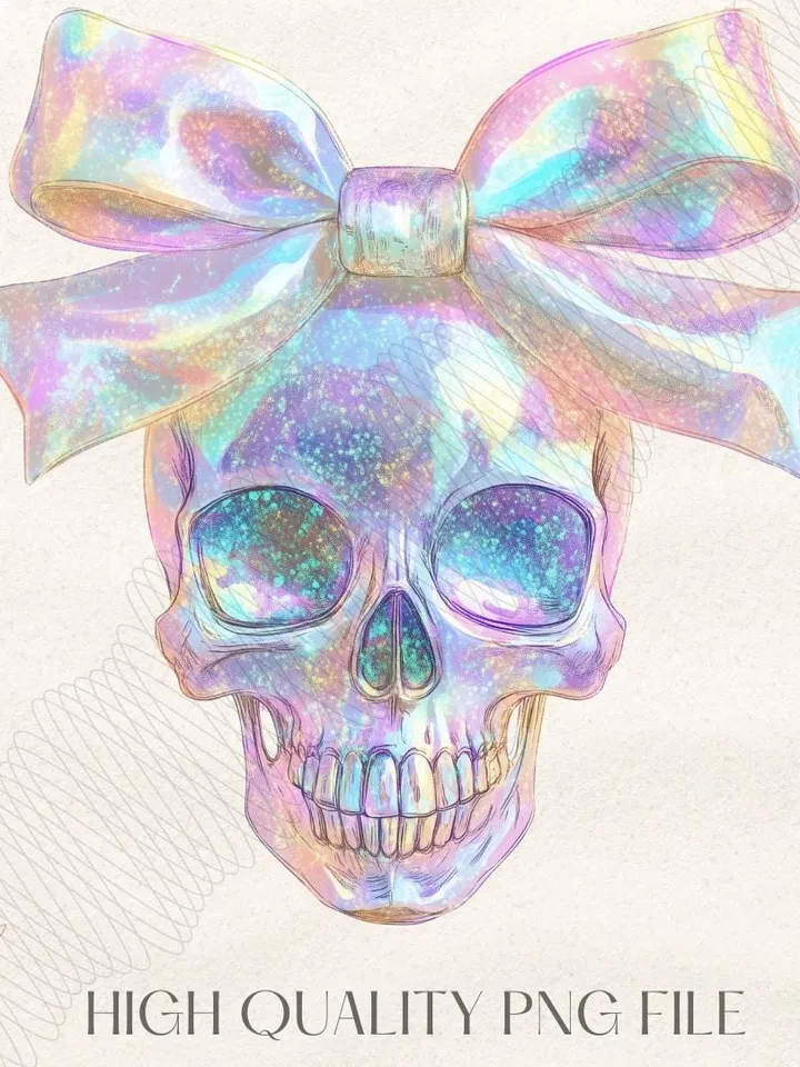 Iridescent Skull PNG, Coquette Halloween Design, Iridescent Ghost Skull Design, Halloween PNG, Girly Halloween Png, Cute Gothic Png
