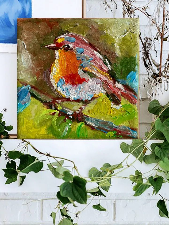 Robin Bird Painting, Original Oil painting on Canvas, Mini Canvas Art, Tiny Bird Artwork