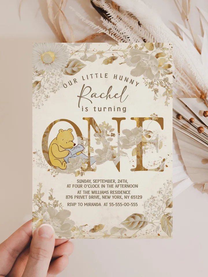 Winnie the Pooh Inspired First Birthday; Classic Winnie Pooh Invitations; Neutral Winnie Pooh Turning One; Winnie Pooh Birthday Party flw12