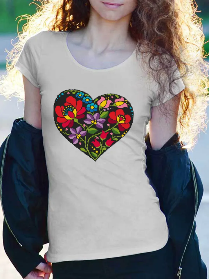 Flower heart cross stitch pattern PDF download Folk flowers cross stitch chart, Floral ornament heart shaped, Heart ornament pattern #P36