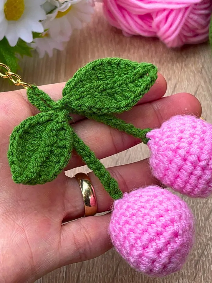 Crochet Cherry Keychain PDF Pattern โ Amigurumi Fruit Keyring Tutorial โ DIY Cute Handmade Yarn Key Chain Digital Download