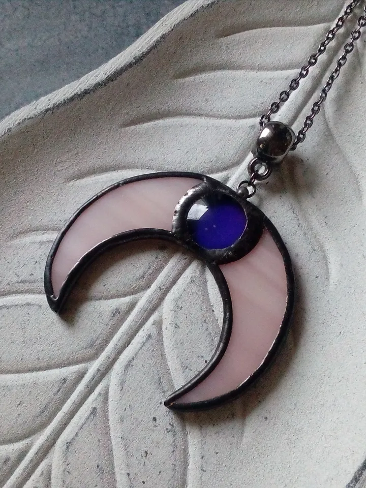 Stained glass moon, Mood stone crescent, Moon phase necklace, Stainglass crescent, Full moon