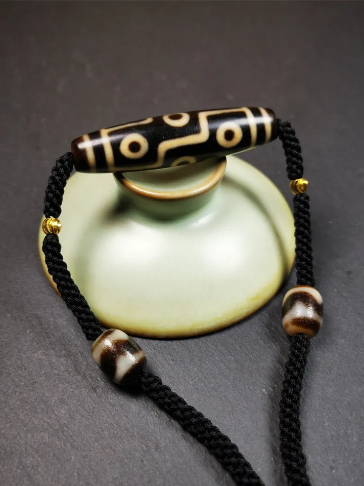Gandhanra Antique Tibetan 9 Eyed Dzi Bead Necklace, 2.1&quot; x 0.51&quot;, 30 Years Old