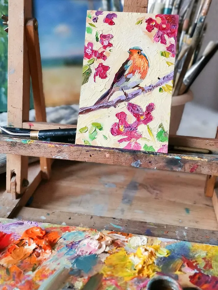 Robin Painting 油畫原作 Oil Bird 手工油畫 油畫 Original Art Animal Artwork 掛畫 by Verafe