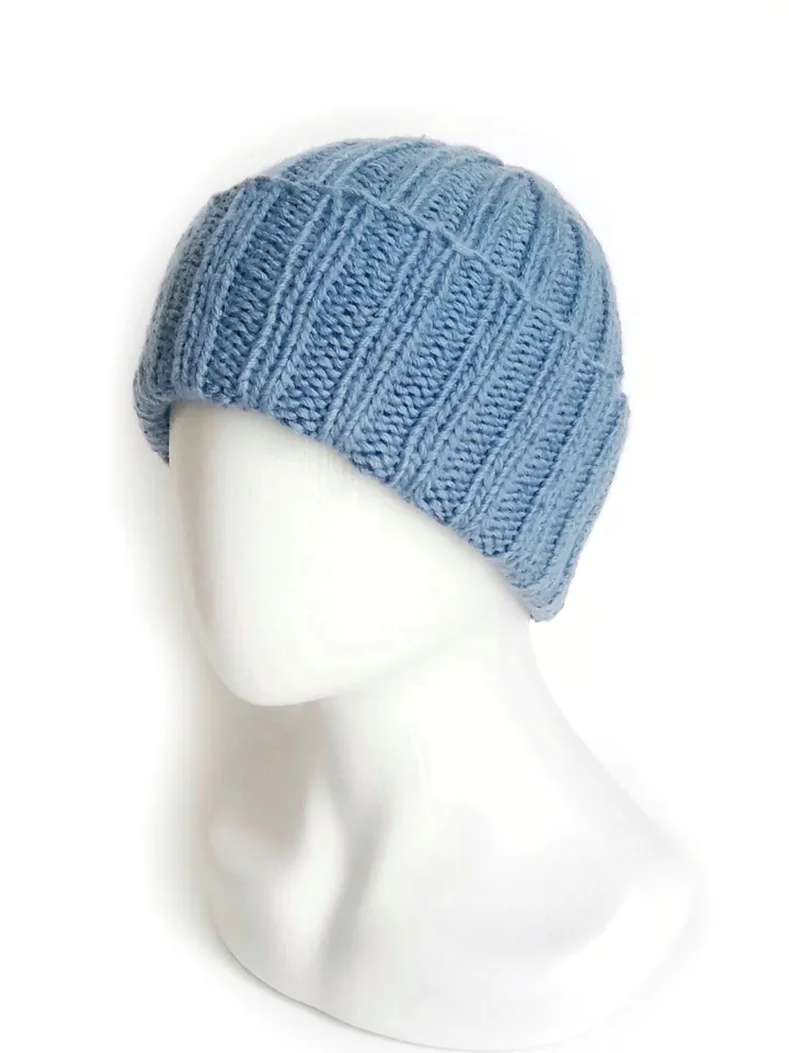 Handcrafted Light Blue Men's Winter Beanie: Luxurious Cashmere-Merino Wool Blend, Ribbed Texture, Cozy and Warm Knit Hat. FREE SHIPPING!