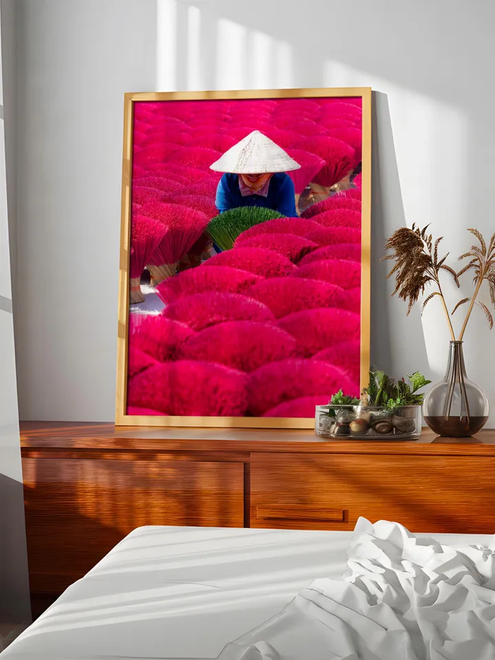 Vietnam Culture Poster | Vibrant Pink Wall Decor | Asian Travel Print | Exotic Home Art | Vietnamese Traditional Life Print | Incense Sticks