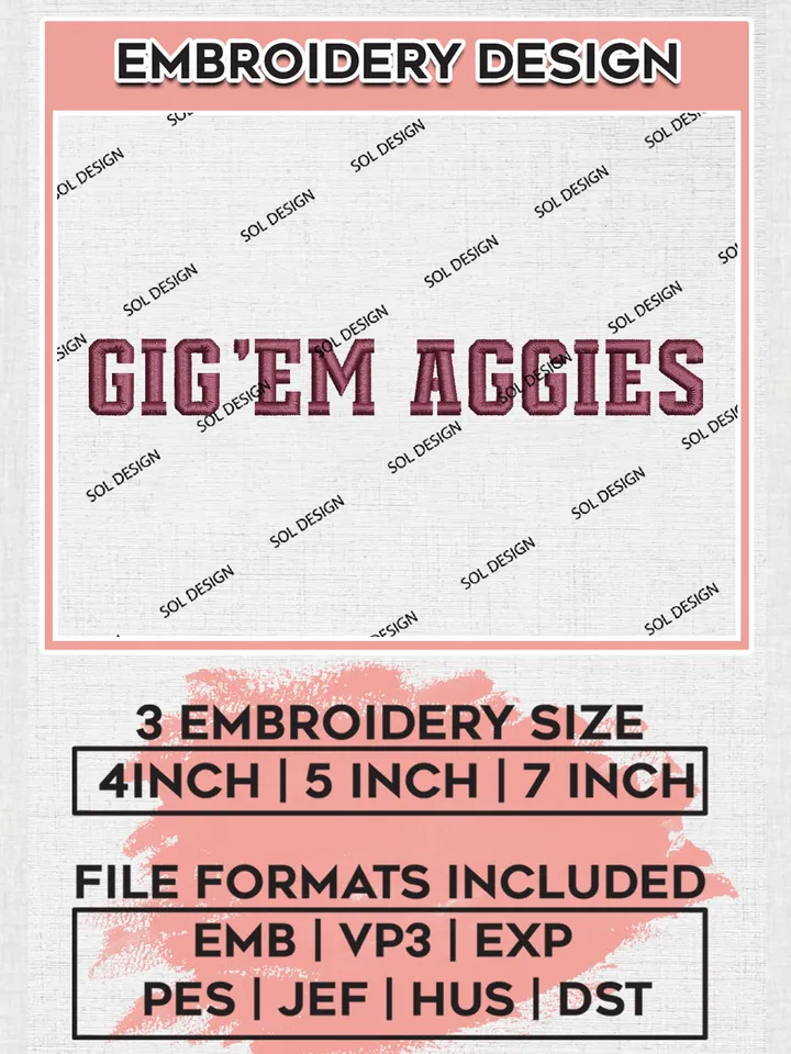 Gig Em Aggies Team Word Logo Embroidery Design Files, NCAA Texas A&M Aggies Machine Embroidery, NCAA Teams, 3 sizes, NCAA Machine embroidery designs, Digital Download