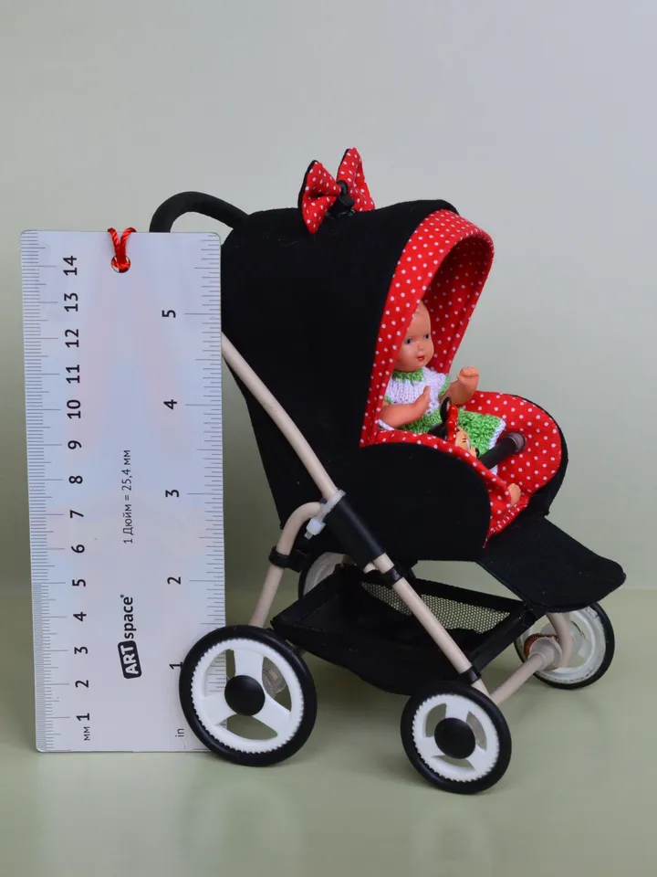 Miniature toy stroller for dolls in 1/6 scale. Accessories for small dolls and poupins. Pram for Barbie doll.