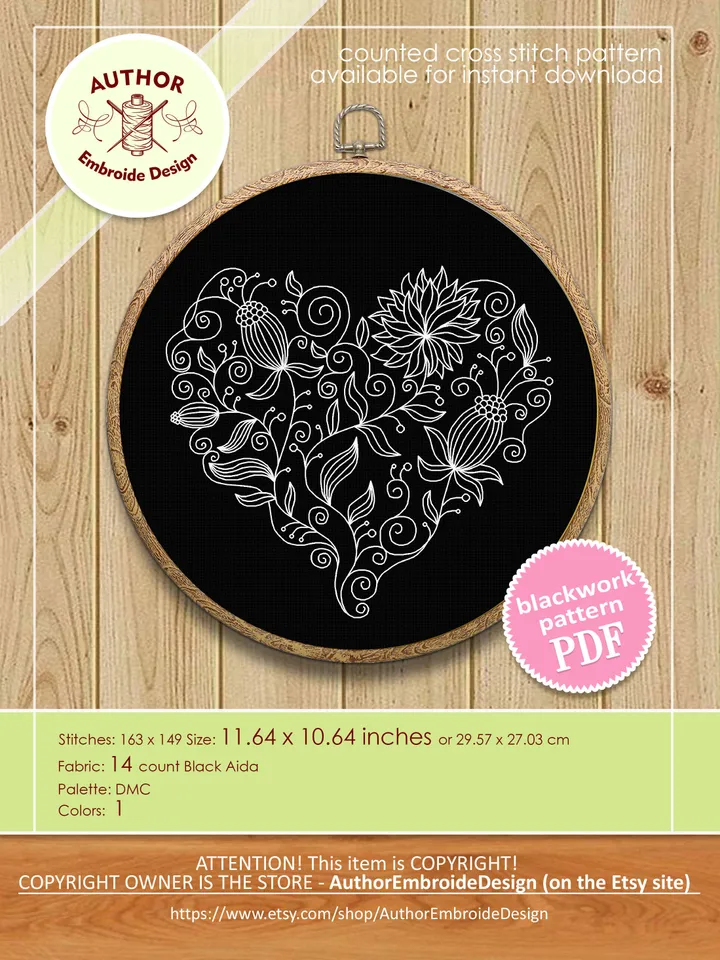Floral heart blackwork pattern PDF download Flower heart embroidery, Backstitch chart Heart ornament, Floral curls Blackwork embroidery #W35