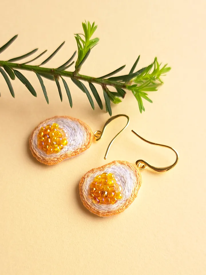 Sunny-Side Up Egg Earrings Hand-Embroidered Foodie Jewelry Quirky Artisan Accessories Boho Food Art Cooking Enthusiast Gift Brunch Outfit