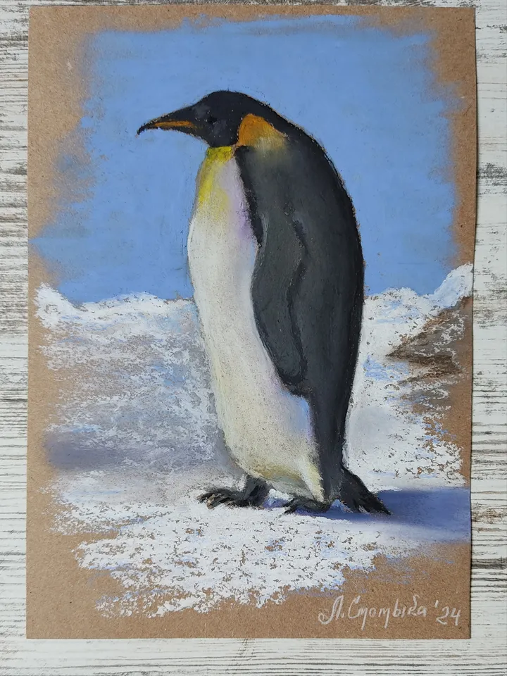 Penguin. Original oil pastel painting.