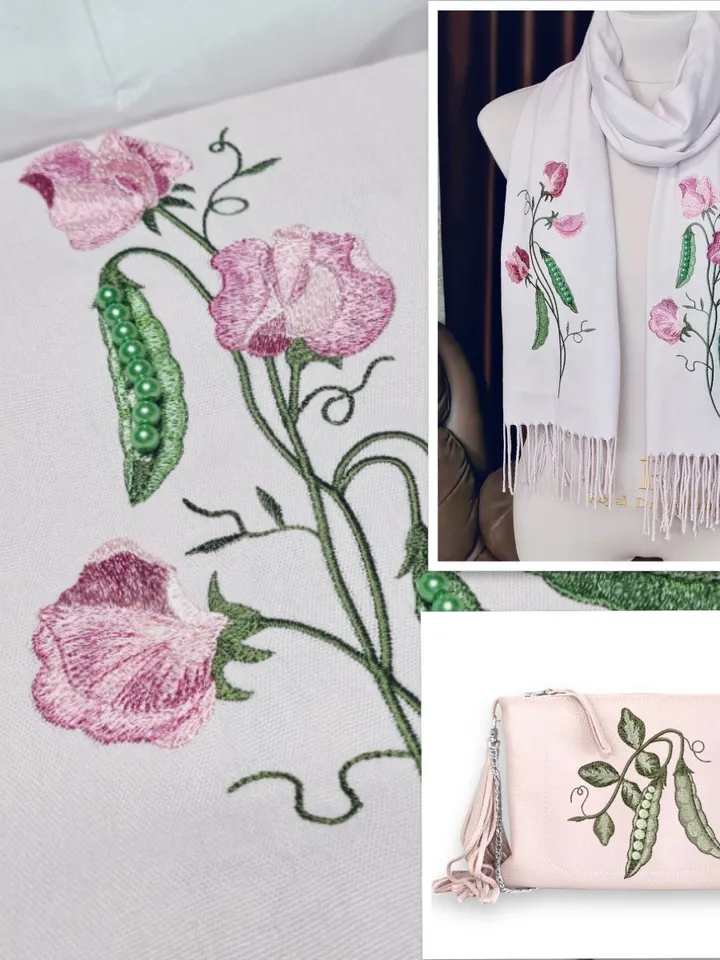 The set of designs in the technique of art embroidery "Sweet peas"