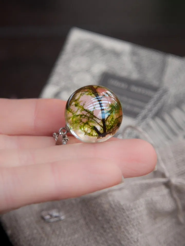 Moss necklace. Resin terrarium jewelry with real forest plants. Unique gift for nature lover friend.