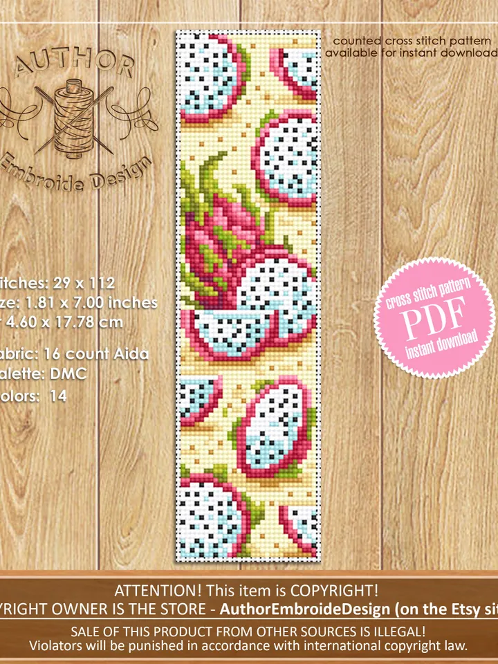 Dragon fruit bookmark cross stitch pattern download PDF Tropical fruit Pitaya cross stitch chart, Digital bookmark pattern, Fruit art #B156
