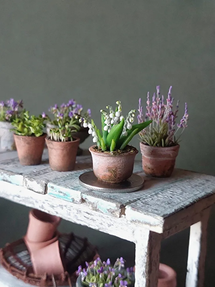 Miniature flowers 1:12 lilies of the valley in a pot for a dollhouse