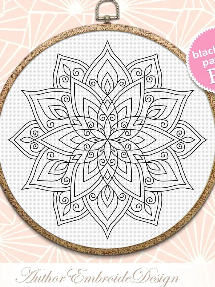 Floral mandala blackwork pattern PDF Blackwork mandala embroidery download PDF, Mandala cross stitch, Mandala ornament Backstitch chart #W34