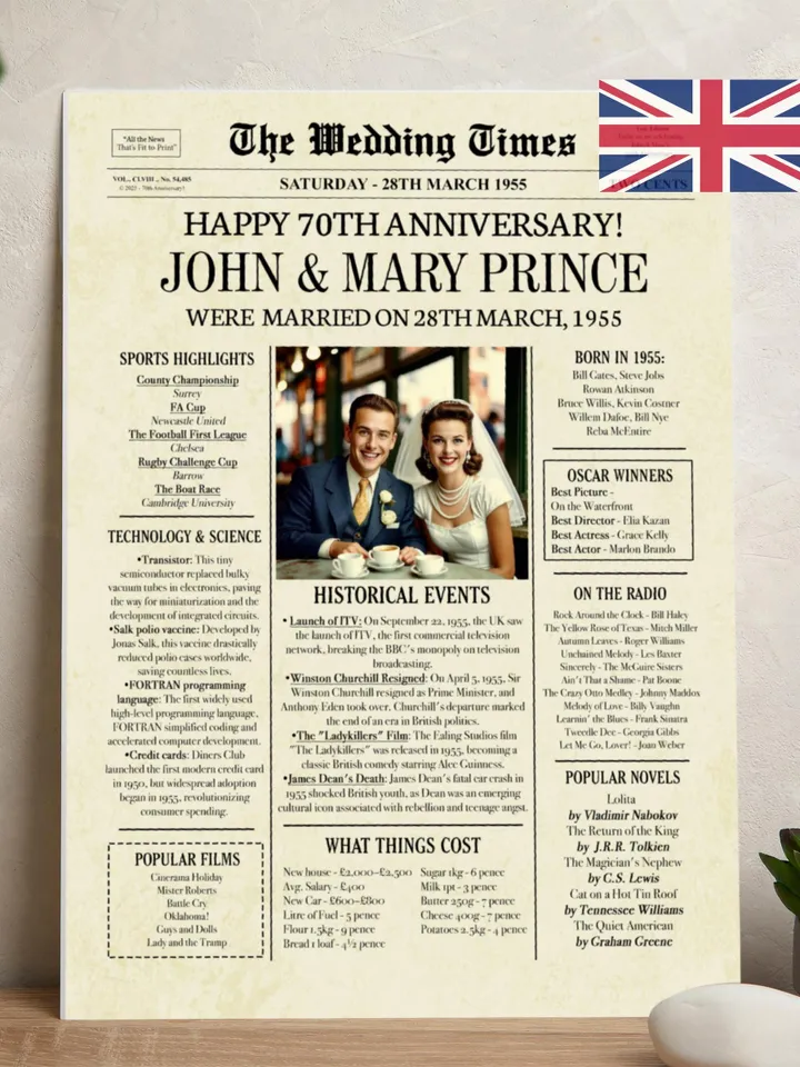70th Wedding Anniversary Gift for Couple, 1955 Anniversary Newspaper, 70th Anniversary Decorations, Digital Printable Poster