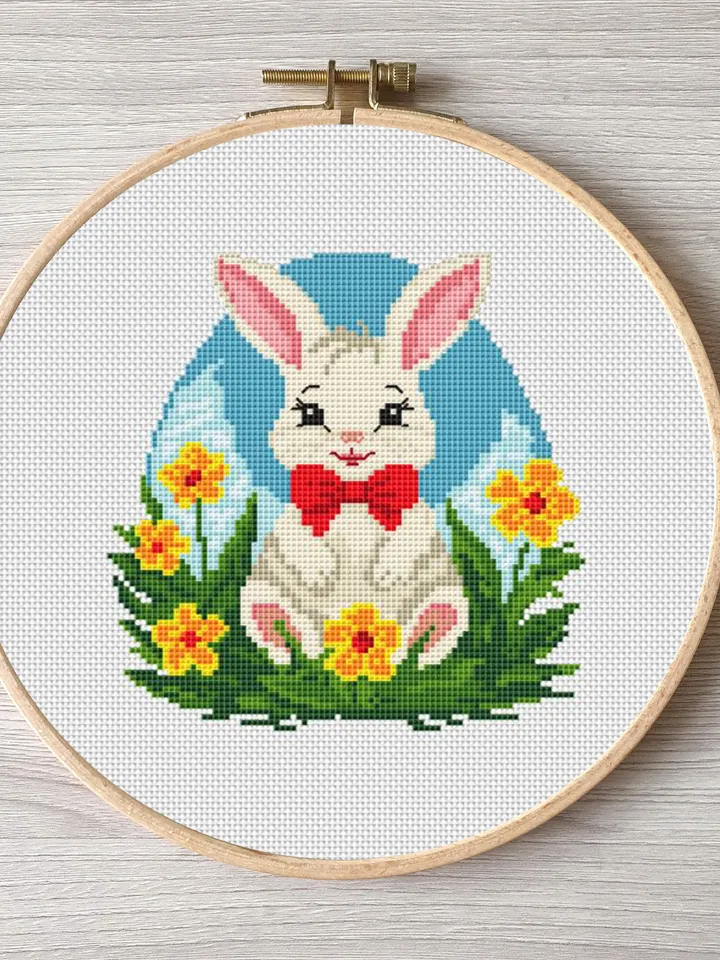 Happy Easter cross stitch pattern pdf, Banny embroidery DIY Easter floral design