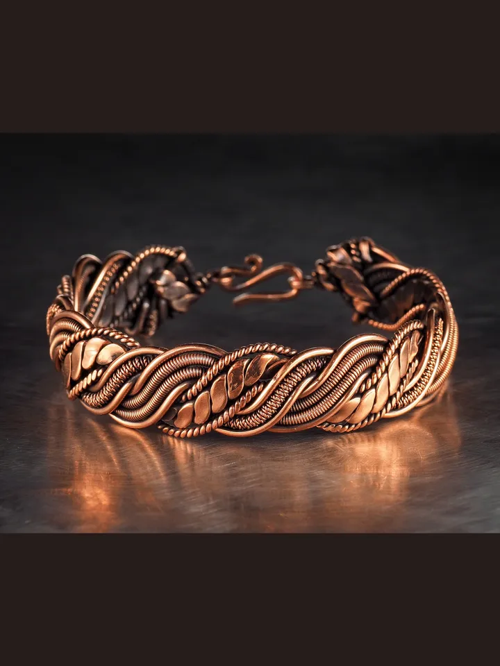 Wire wrapped bracelet, Unique 7th 22nd Wedding Anniversary gift idea, Art Nouveau antique style, One of kind braided statement bangle, Pain relief, EMF protection, Hippiу accessory, Handmade oxidized pure copper woven wire elven jewelry