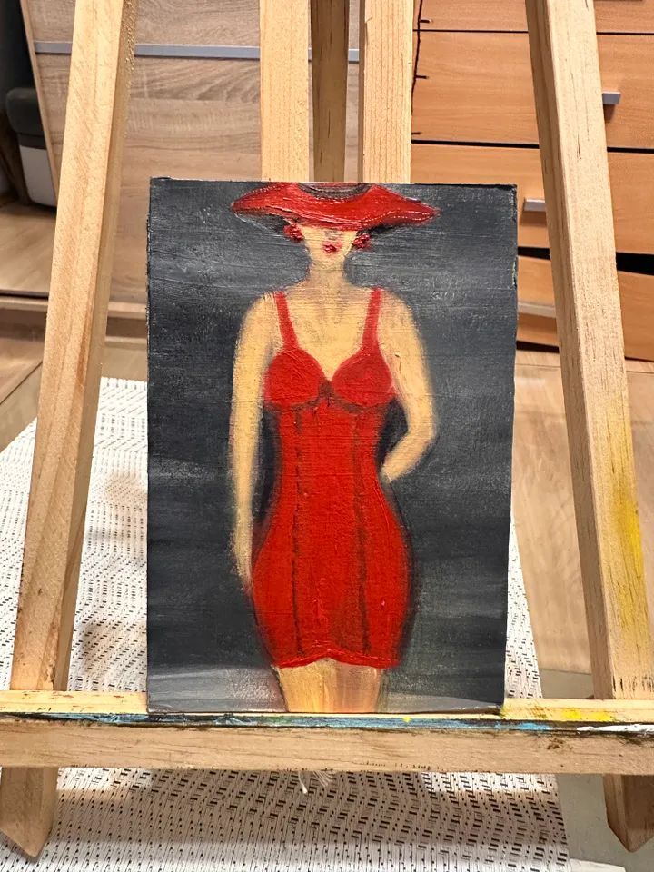 Oil Painting Lady in Red Figurative Portrait of Women People Feminist Art Cardboard 6x4 inches 15x10 cm Wall Decor