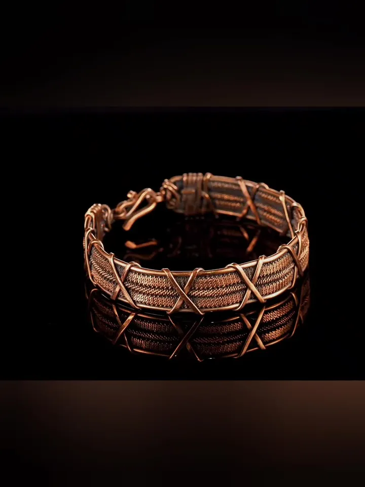 Wire wrapped bracelet, Unique 7th 22nd Anniversary gift idea, Art Nouveau antique style, One of kind braided statement bangle, Handmade oxidized pure copper jewelry, Pain relief, EMF protection
