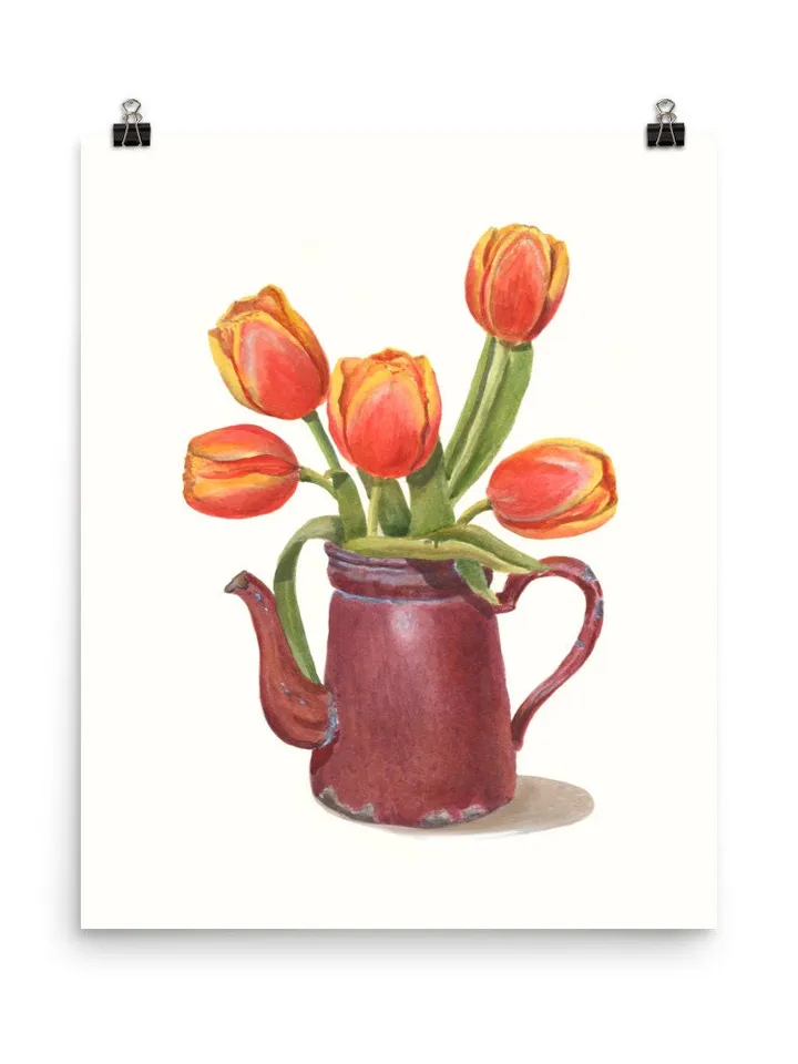 Tulip Painting Watercolor Vintage Still Life Painting Tea Lovers Watercolor Print Floral Tulip Wall Art Farmhouse Painting Red Floral Art t
