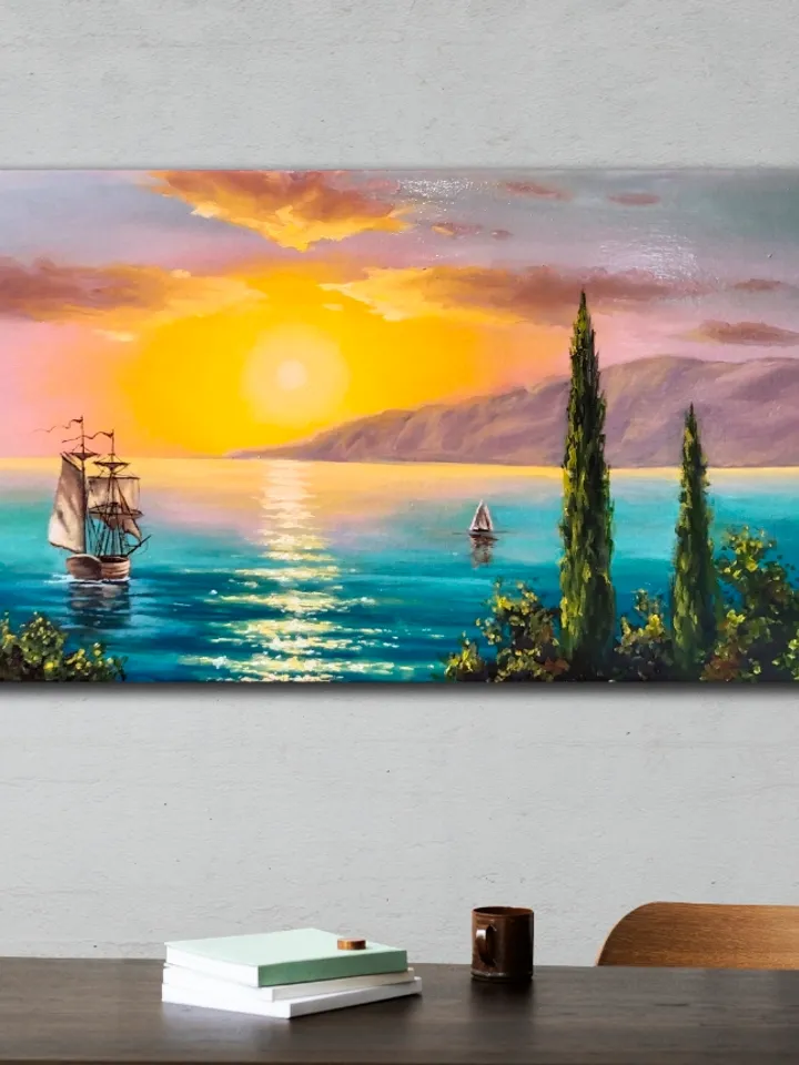 Seascape oil painting Sunset with clouds art Ship in Turquoise water Slender and tall junipers Bright Wall art on canvas
