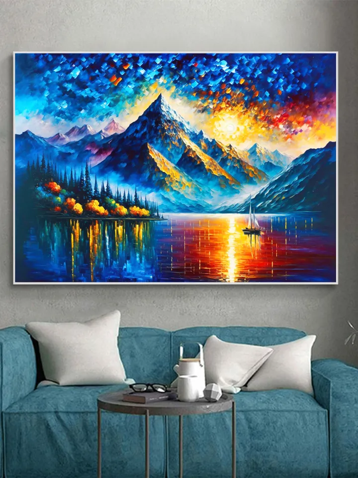 Large Original Mountain Scenery Oil Painting On Canvas, Abstract Lake View Painting, Colorful Landscape, Custom Painting, Bedroom Wall Art