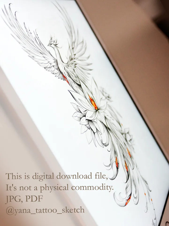 Phoenix Tattoo Design Phoenix Tattoo Idea Sketch Stencil, Instant download PDF, JPG