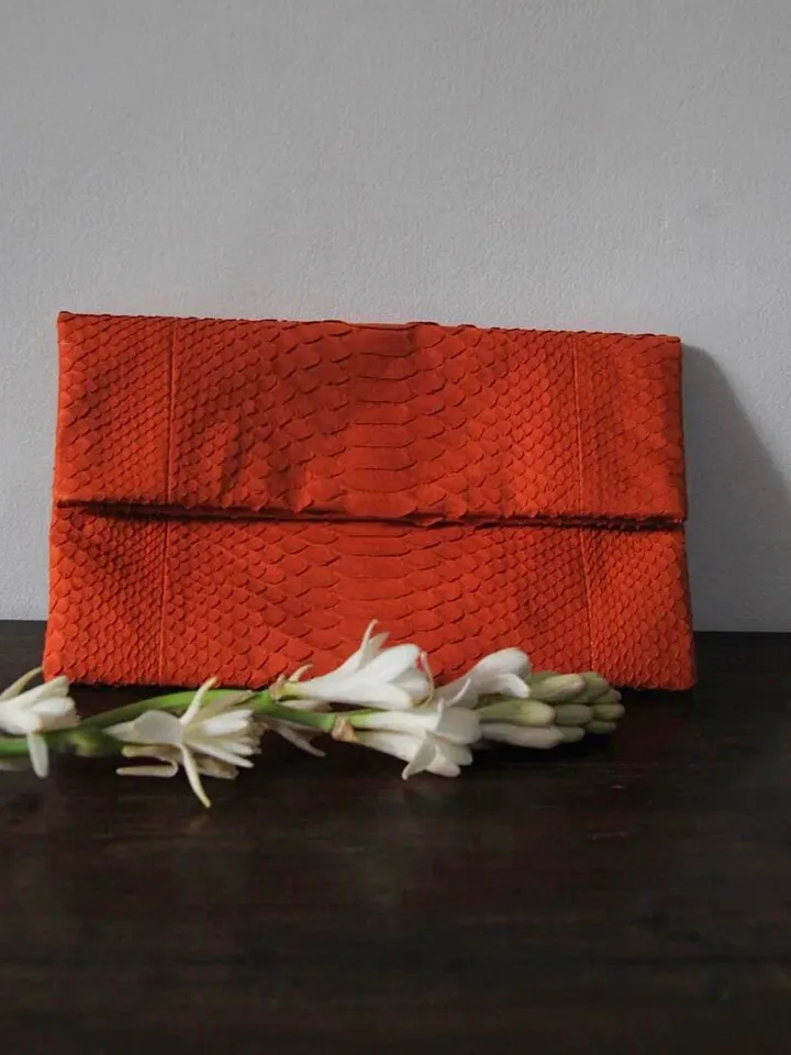 Genuine Python Skin Envelope Orange Clutch | Exotic Leather Bags | Small Classy Handmade Purse | Flat Elegant Evening Clutch| Snake Bag