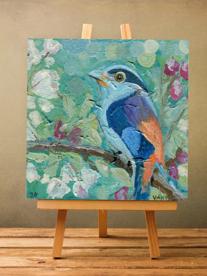 Grey-breasted Broadbill, bird, oil painting on canvas on cardboard.