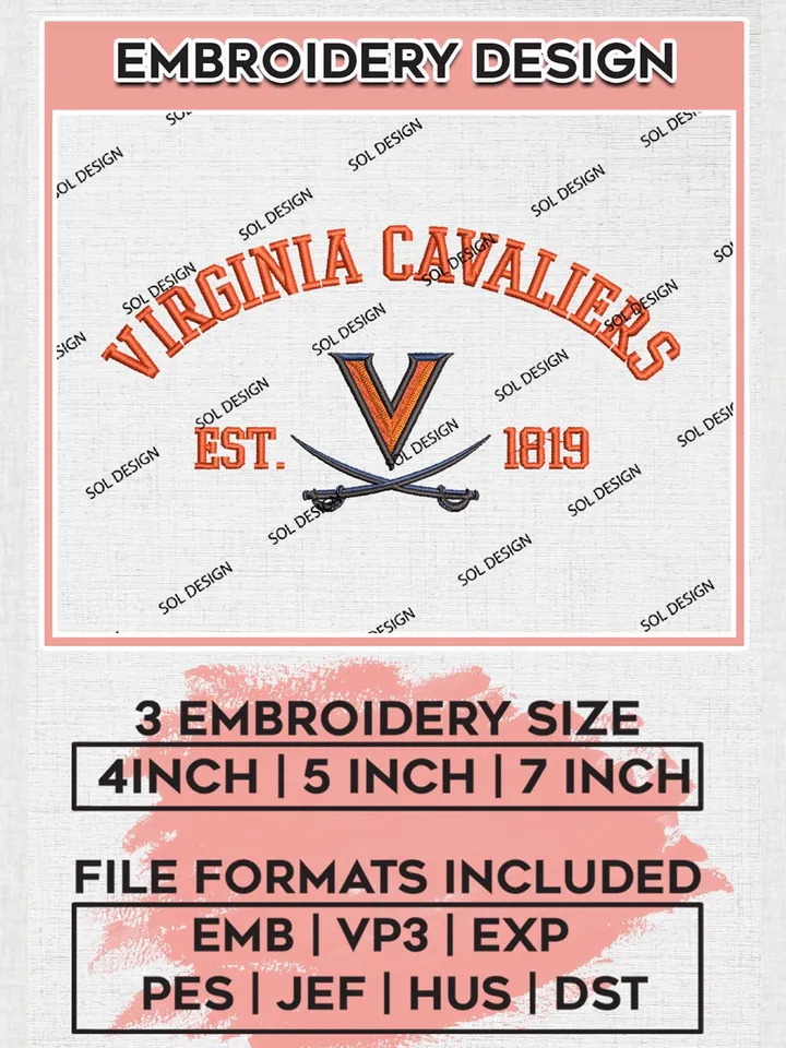 Virginia Cavaliers Est 1819 Embroidery Designs, NCAA Virginia Cavaliers Team Embroidery, NCAA Team Logo, 3 sizes, Machine embroidery Files, Digital Download