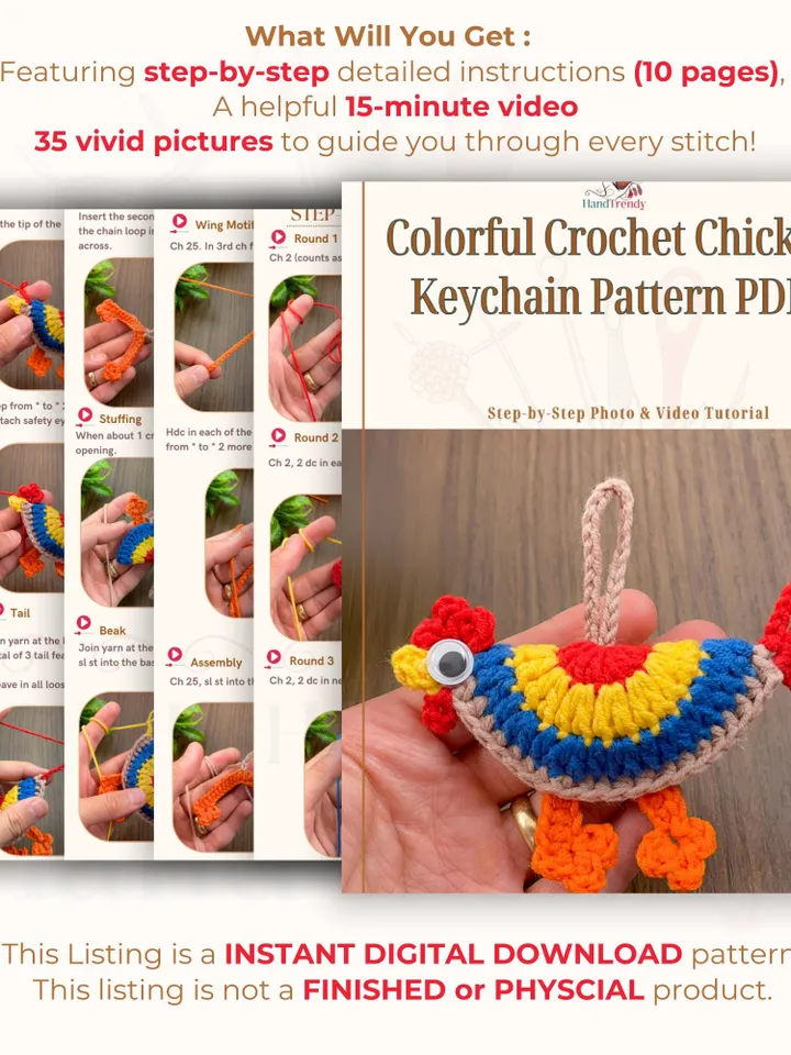Colorful Crochet Chicken Keychain Pattern PDF - Amigurumi Farm Animal DIY Tutorial - Handmade Ornament Crochet Pattern for Beginners