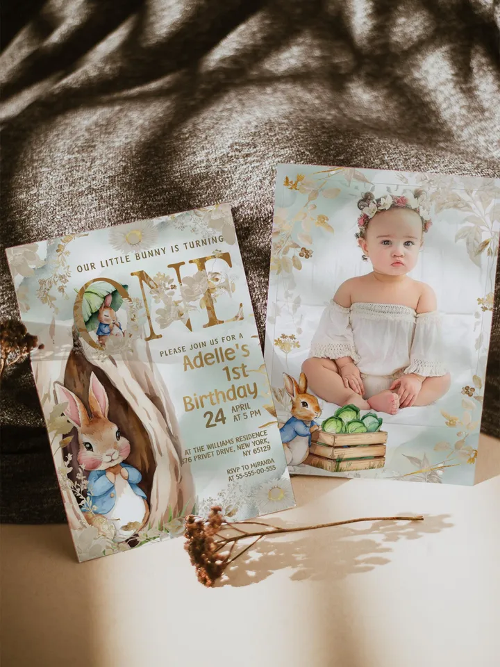 DIY Editable Baby Birthday Template large Bundle for Peter Rabbit party theme invitation banners labels milestone pr888
