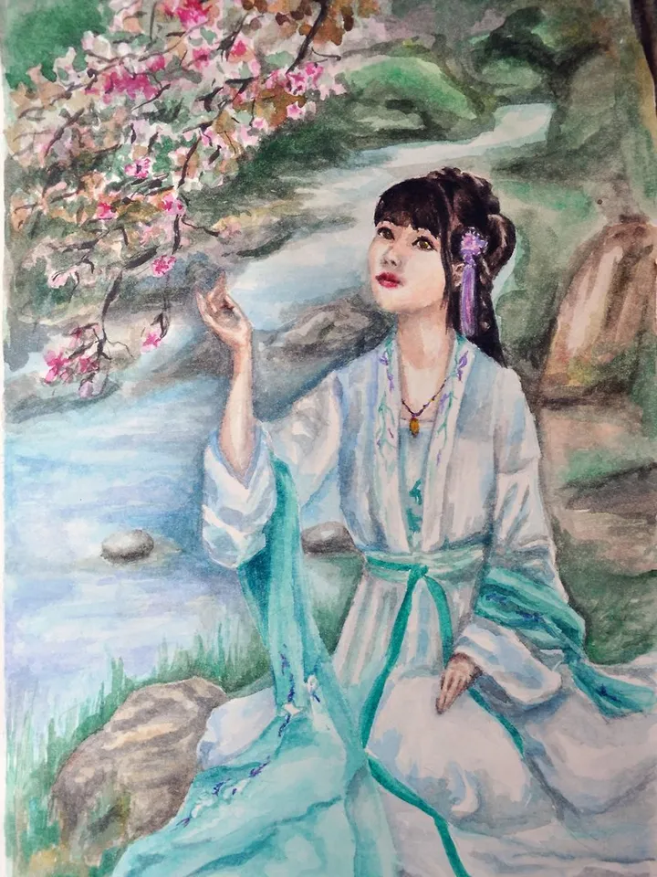 Woman painting Watercolor painting Original painting Blossom Sakura art Oriental