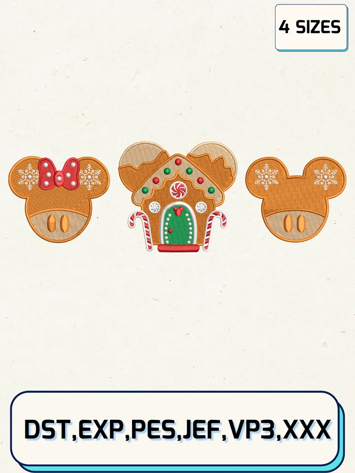 Gingerbread Mickey And Minnie House Embroidery Design Files,Christmas Embroidery Designs,Machine Embroidery Files,4 Sizes