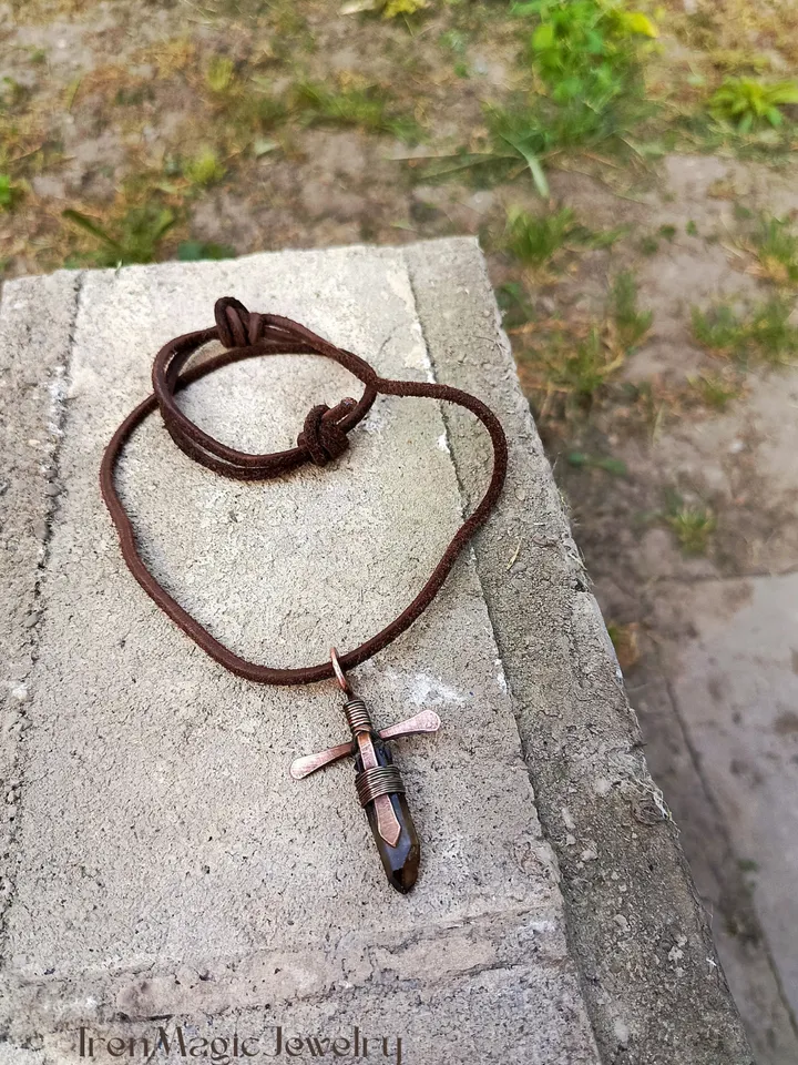 Copper Cross Pendant with Smoky Quartz Crystal