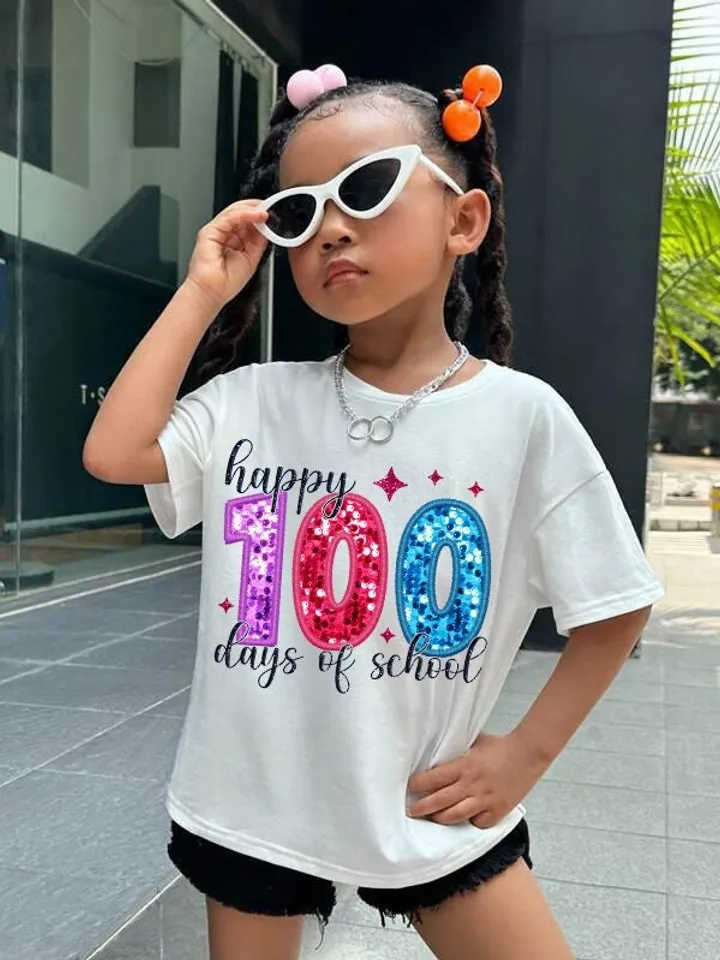 Happy 100 days of school PNG, Faux Sequins Glitter Sparkly Sublimation shirt design, Trendy 100 Days of School Digital download